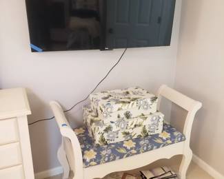 Bench; boxes; ROKU TV with bracket