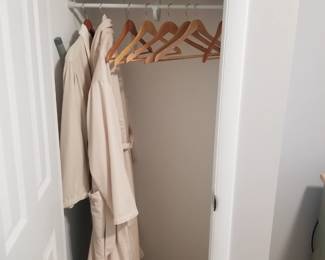 Robes; wood hangers; pillows