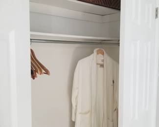 Robes; wood hangers; storage boxes