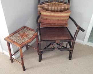 Rattan arm chair; accent table
