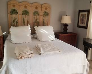 King bed; 4-panel screen; woven wicker nightstands