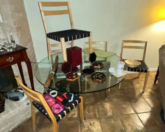 MODERN GLASS TOP DINETTE w/ BELTED SEAT CHAIRS