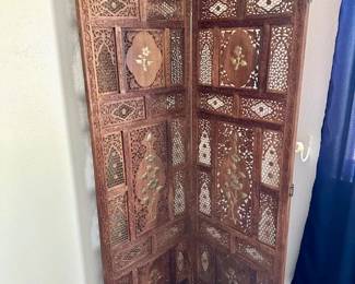 2 Panel Hand carved screen w/brass inlay