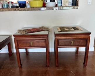 Pair of Solid Rosewood Vintage Ming style end tables with glass tops. 