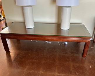 Vintage Chinese-style rosewood coffee table with tempered glass top