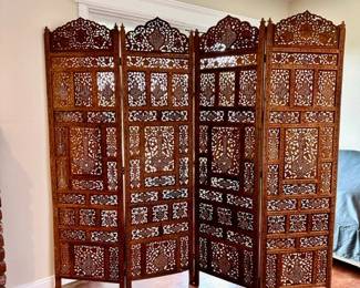 Hand Carved 4 panel room divider w/inlay