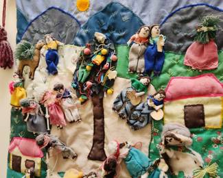 A Vintage Peruvian Arpillera 3D Folk Art Tapestry! Showing life in Peru. 