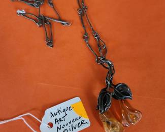 Baltic Amber and Sterling...Antique Art Nouveau Pendant and Chain. 