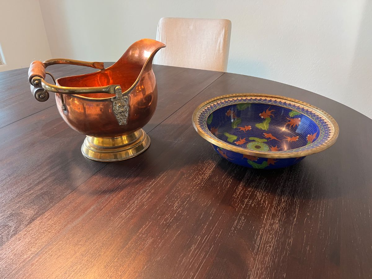 Brass coal scuttle, large cloisonne bowl
