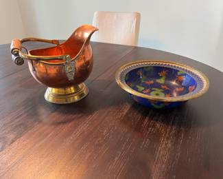 Brass coal scuttle, large cloisonne bowl