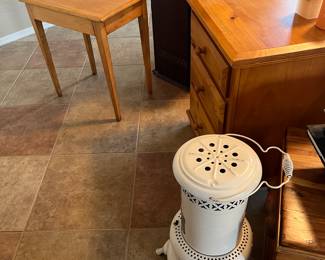 Side table, small dressers, non-functional antique oil heater