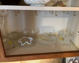 White rim Dugan berry bowl, 2 Baileys logo glasses, Fostoria candlesticks