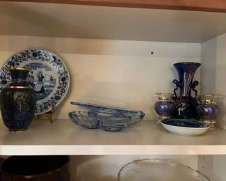 Cloisonne vase, Venetian glass vase, vintage blue Cambridge Caprice dishes 