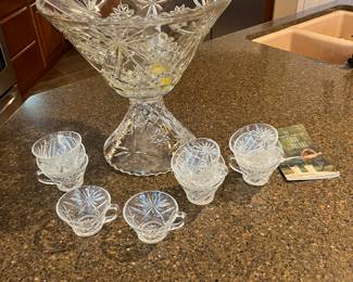 Anchor Hocking punchbowl with 11 cups, base, ladle