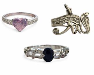 Sterling silver ring with pink stone; Sterling silver ring with genuine sapphire; Sterling Silver Eye of Horus pendant