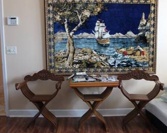 VERY NICE TAPESTRY, WITH ACCENT TABLE AND TWO CHAIRS