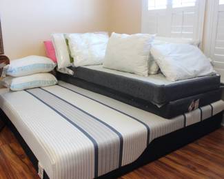 KING SIZE MATTRESS AND BOX SPRINGS, AN ASSORTMENT OF PILLOWS