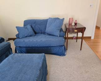 Blue Jean love seat, sofa and ottoman, they are slip covers that can be removed and washed.  We have two of the Ethan Allen drop leaf end tables