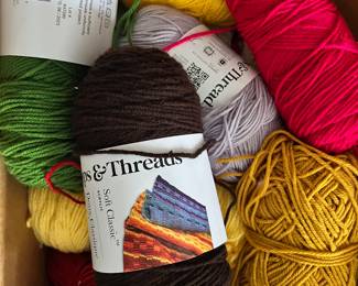 About 50 skeens of yarn, vintage, not made in China. Beautiful quality. Plus, fabrics, and Sewing notions.