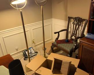 MCM Brass floor lamps; Chippendale chairs