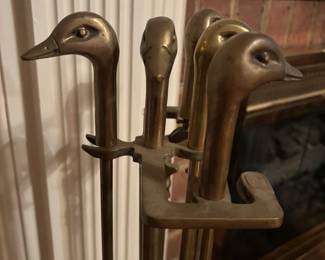 Brass duck head fireplace tool set