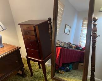 Cheval mirror, jewelry chest