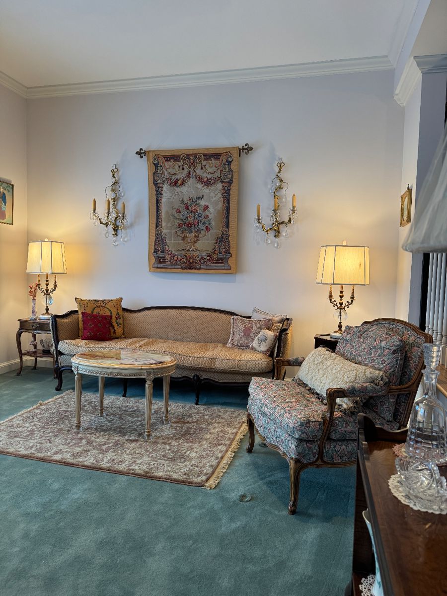 Meyer Gunther Martini French Louis XV Style Sofa (84"W x 31"D x 29-1/2" Back Height)  & TRS Furniture Floral Upholstered Bergere Armchair (30"W x 30"D x 34" Back Height) & Louis XVI Style Onyx Marble Coffee Table (30"W x 18-1/2"D x 19"H)