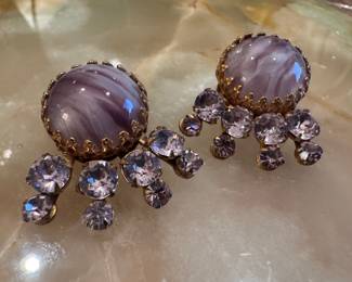 Vintage Miriam Haskell Regency Purple Cabochon and Rhinestone Clip-Back Earrings