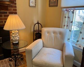 Colony House Tufted Back White Leather Armchair (33"W x 37"D x 32" Back Height) with Wrought Iron Base with Glass Top Round Side Table (22"D x 18"H)