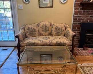 Hickory Chair Asian Motif Upholstered Loveseat (32"D x 57"W x 34" Back Height) & Vintage Neoclassical-Style Glass & Brass Coffee Table (34"W x 24"D x 19-1/2"H)