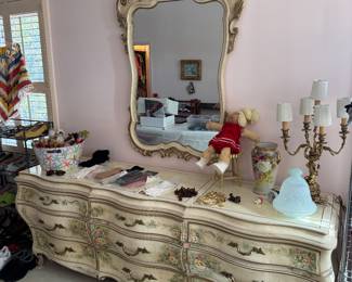 Union-National French Country Style Hand-Painted Triple Tiered 9 Drawer Dresser (23"D x 86"W x 32"H) with Accompanied Wall Mirror (59"H x 37"W)