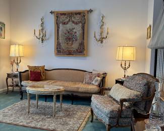 Meyer Gunther Martini French Louis XV Style Sofa (84"W x 31"D x 29-1/2" Back Height) & TRS Furniture Floral Upholstered Bergere Armchair (30"W x 30"D x 34" Back Height) & Louis XVI Style Onyx Marble Coffee Table (30"W x 18-1/2"D x 19"H)