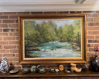 Framed Original Oil on Canvas River Landscape Scene Signed  Barbara Brown(42"W x 30"H) 