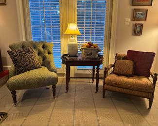 Tufted Paisley Upholstered Side Chair (32"W x 32"D x 34" Back Height) Chippendale Style Side Table on Casters (22"W x 32"D x 26"H) and Upholstered Wooden Armchair (29"W x 32"D x 25" Back Height)