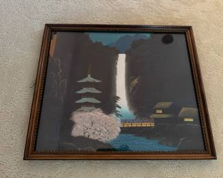Framed Japanese Silk Painting Of Pagoda