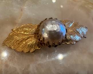 Vintage Miriam Haskell Baroque Faux Pearl Layered Leaf Brooch