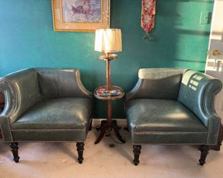 Bernhardt "Caroline" Leather Corner Chairs with Bold Nailhead Trim (32"W x 32"D x 29" Back Height) & Frederick Cooper Floor Lamp Side Table