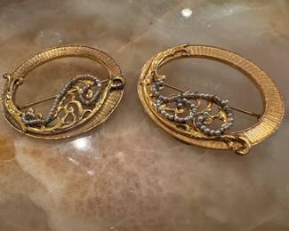 Vintage Miriam Haskell Seed Pearl Gold-tone Oval Brooches