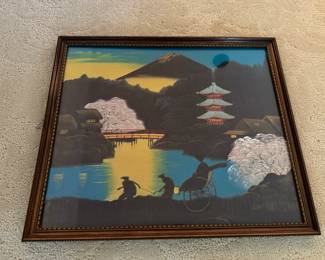Framed Japanese Silk Painting Of Mount Fuji
