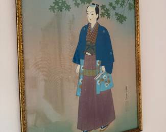 Framed Vintage Japanese Painting on Silk, Depicting Nobleman 