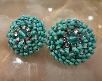 Vintage Miriam Haskell Turquoise Blue Seed Bead and Rhinestone Stud Earrings