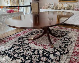 Baker Mahogany Pedestal Dining Table (54"L x 45"W x 29-1/2"H with 2 Additional Leaves 20"L each)