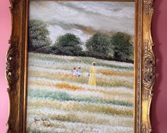 Framed Original Oil on Canvas of Woman & Children Landscape Signed (31"W x 37"H)