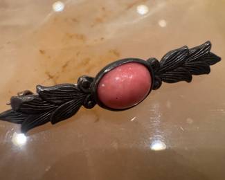 Sterling Silver Art Deco Style with Pink Coral Cabochon Stone Brooch