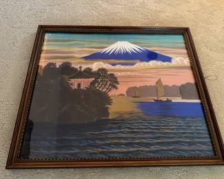 Framed Japanese Silk Painting Of Mount Fuji