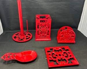 Lot 60  Vintage Red Cast Iron Kitchen Accessories Set
