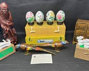 Lot 32  Asian Art Collection  HandCarved Wood Figure, Cloisonn Birds, Porcelain Eggs  Decorative Chest