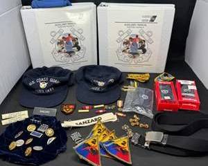 Lot 280  U.S. Coast Guard Auxiliary Collectible Lot with Manuals, Caps, Badges, and Pins