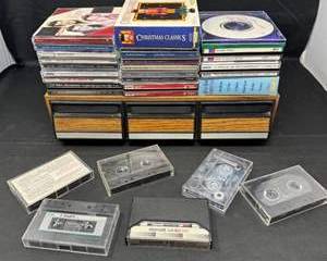 Lot 178  Vintage Music CD and Cassette Tape Collection with Wooden Storage Boxes