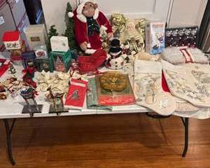 Lot 138  Vintage Christmas Decoration Lot with Ornaments, Figurines, and Tree Accessories